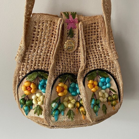 Vintage Crossbody Bag Woven Wicker Straw Floral Boho Brown 11x13 - Picture 3 of 7